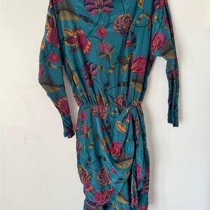 Vintage Gillian Teal 100% Silk Floral Mini Dress, Size 6 Small 80s 90s Retro